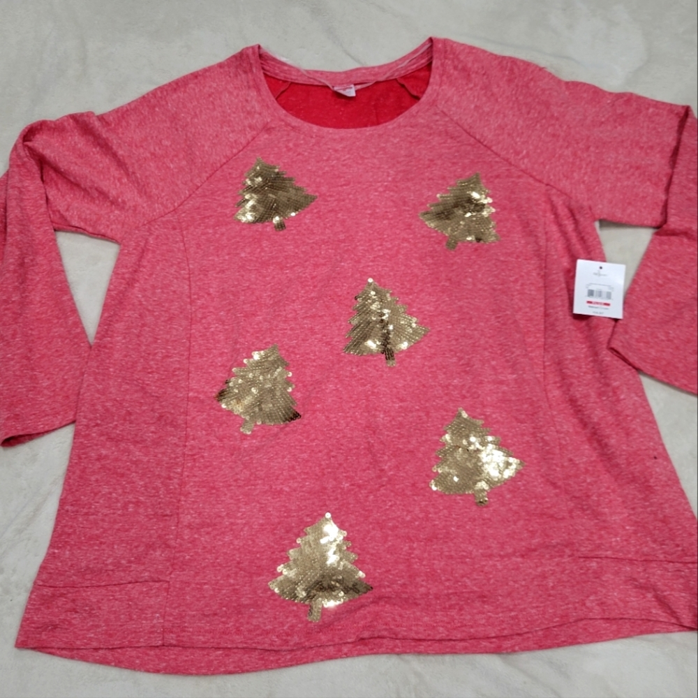 Holiday Graphic Sweatshirt with Gold Sequin Trees